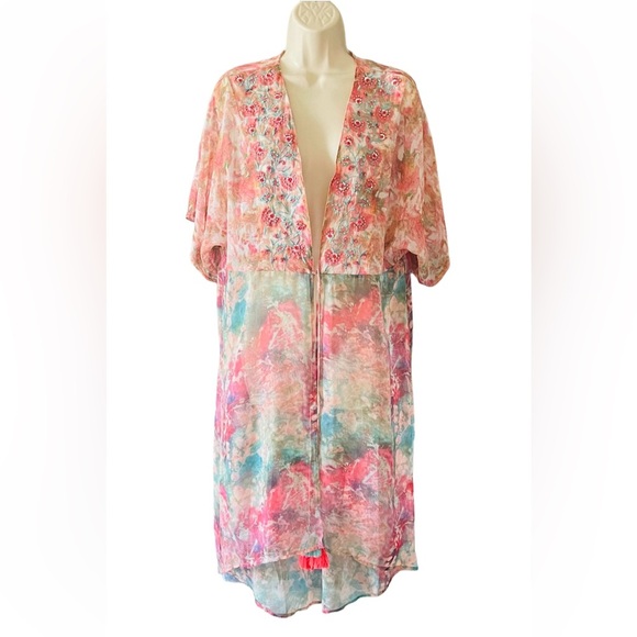 Soft Surroundings Watercolor Beaded Long Cardigan Topper Size L Colorful Beachy - Picture 2 of 13